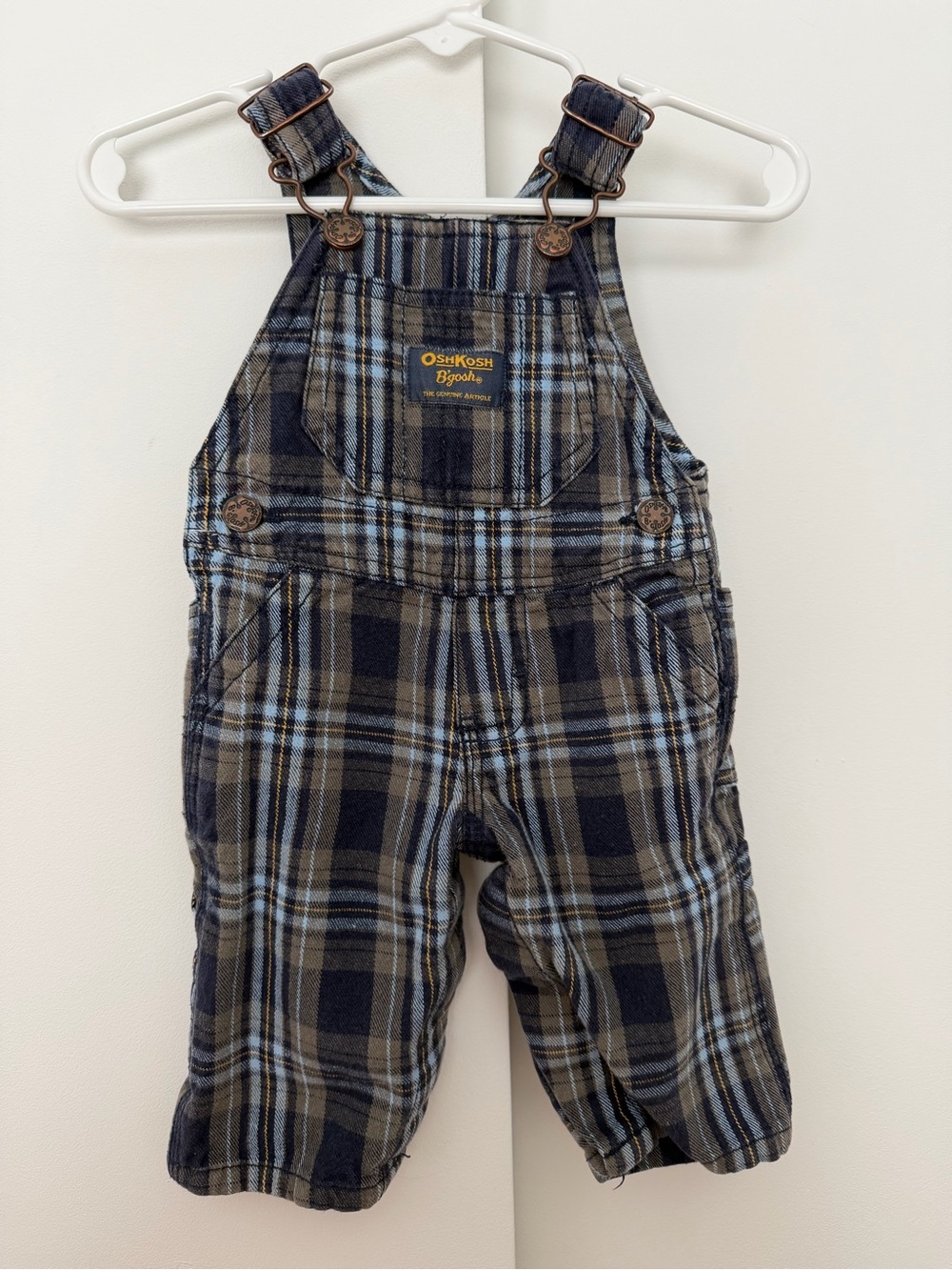 Oshkosh B'gosh Vintage Baby Overalls Navy Blue Plaid Olive Tan Size 3 Months